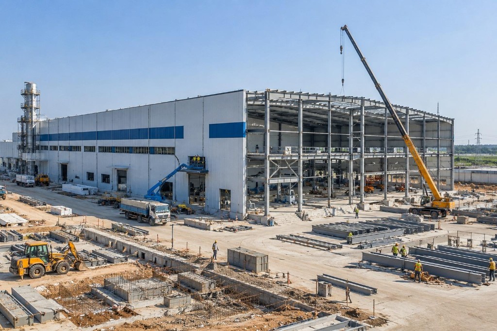Large industrial manufacturing facility under construction with clad walls, open steel frame, crane, and boom lift on site