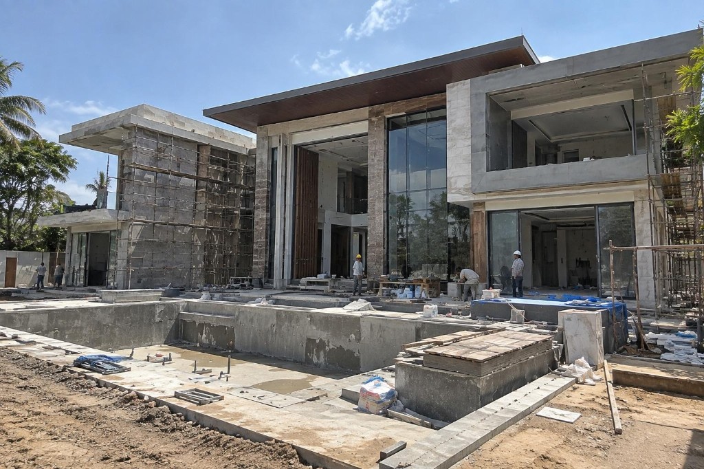 Modern luxury villa under construction in Gujarat with stone facade, glass walls, and pool shell on site