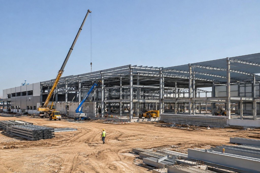 Solar factory steel structural framework under construction with crane and boom lift on site